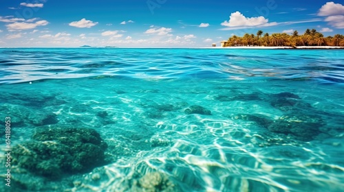 This Fantastic Commercial Shot capture the Clean Sea of Maldives and an Island in the Background with a lot of vegetation. Generative AI.