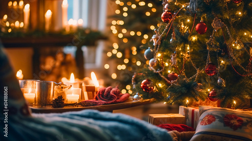 A candid shot of a traditional Christmas tree with a cozy knitted blanket and ornaments, illuminated by warm candlelight in the evening, featuring a Holly wreath and wrapped presents.