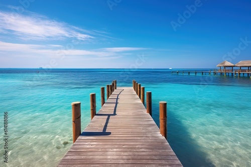 Wooden Walkway over the clean Sea of Maldives. Generative AI. © Boss