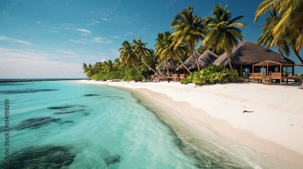 Fototapeta premium This Fantastic Commercial Shot capture the Clean Sea of Maldives and an Island in the Background with a lot of vegetation. Generative AI.