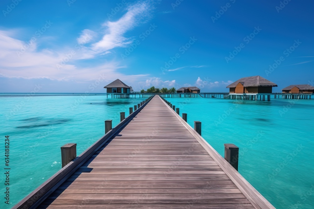 Wooden Walkway over the clean Sea of Maldives. Generative AI.