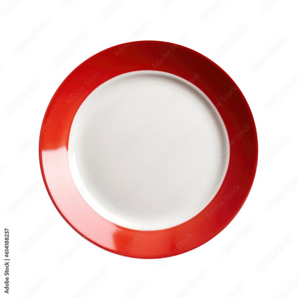 Empty Red Rimmed White Plate Isolated on a Transparent Background