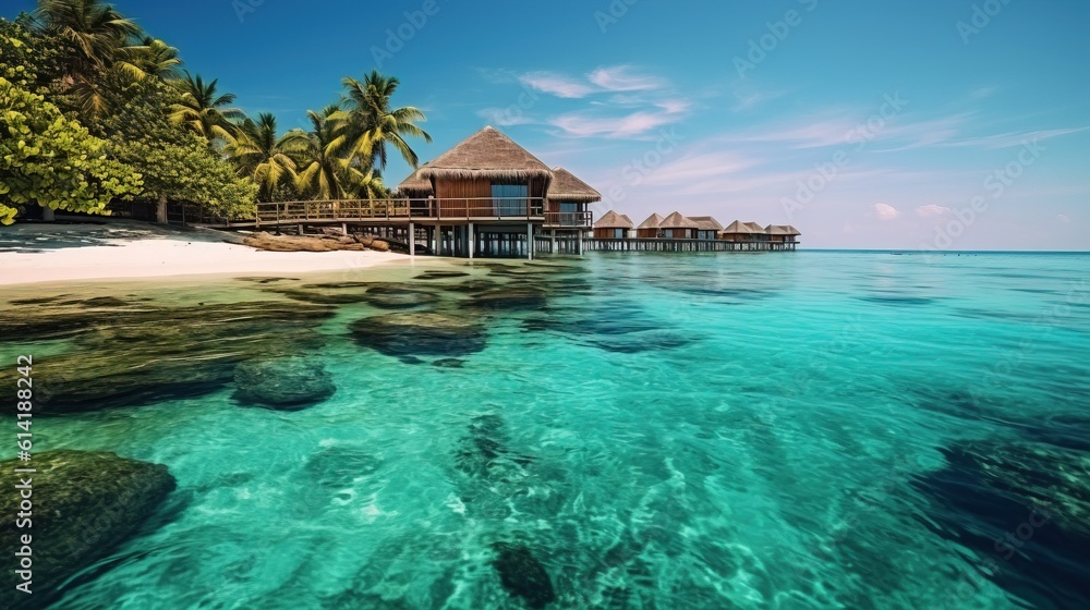 This Fantastic Commercial Shot capture the Clean Sea of Maldives and an Island in the Background with a lot of vegetation. Generative AI.