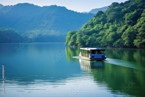 Chinese Boat navigating inside the Tianmu Lake, Professional and Commercial Shot. Generative AI. photo