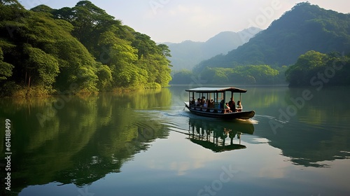 Chinese Boat navigating inside the Tianmu Lake, Professional and Commercial Shot. Generative AI. photo