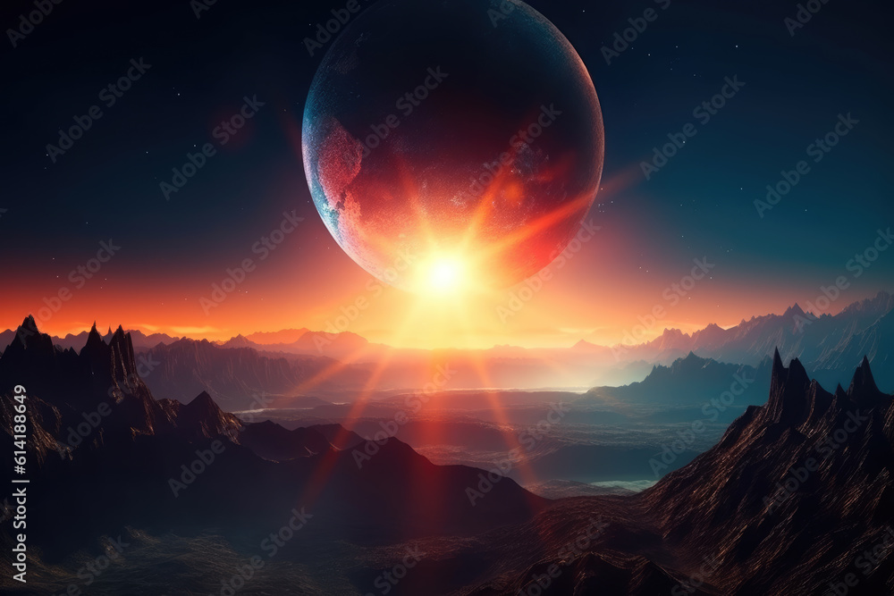 Solar eclipse. Lens flare sun glare abstract sunrise. Dramatic scientific nebula over the mountains. Background wallpaper.