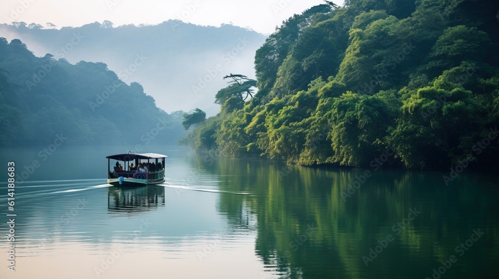 Fototapeta premium Chinese Boat navigating inside the Tianmu Lake, Professional and Commercial Shot. Generative AI.
