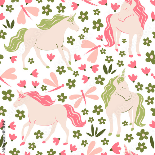Cute cartoon character hand drawn pink and green unicorns seamless vector pattern background illustration with daisy flowers and dragonflies