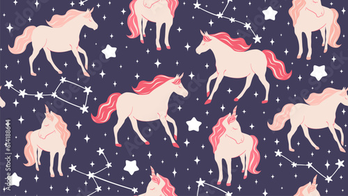 Cute cartoon character hand drawn pink unicorns seamless vector pattern background illustration with stars and constellations