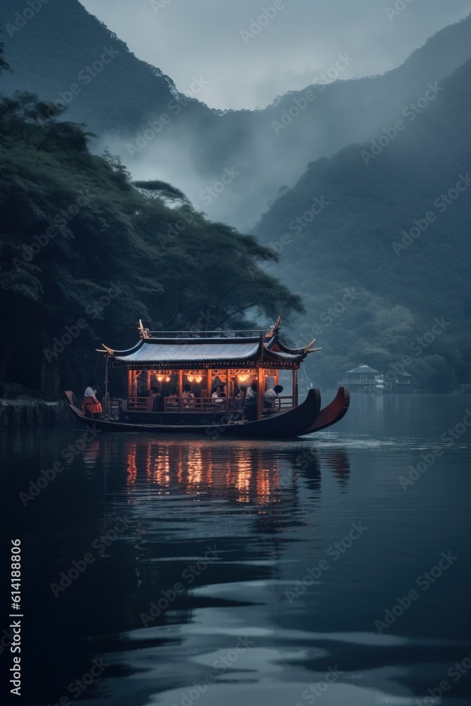 Obraz premium Chinese Boat navigating inside the Tianmu Lake, Professional and Commercial Shot. Generative AI.