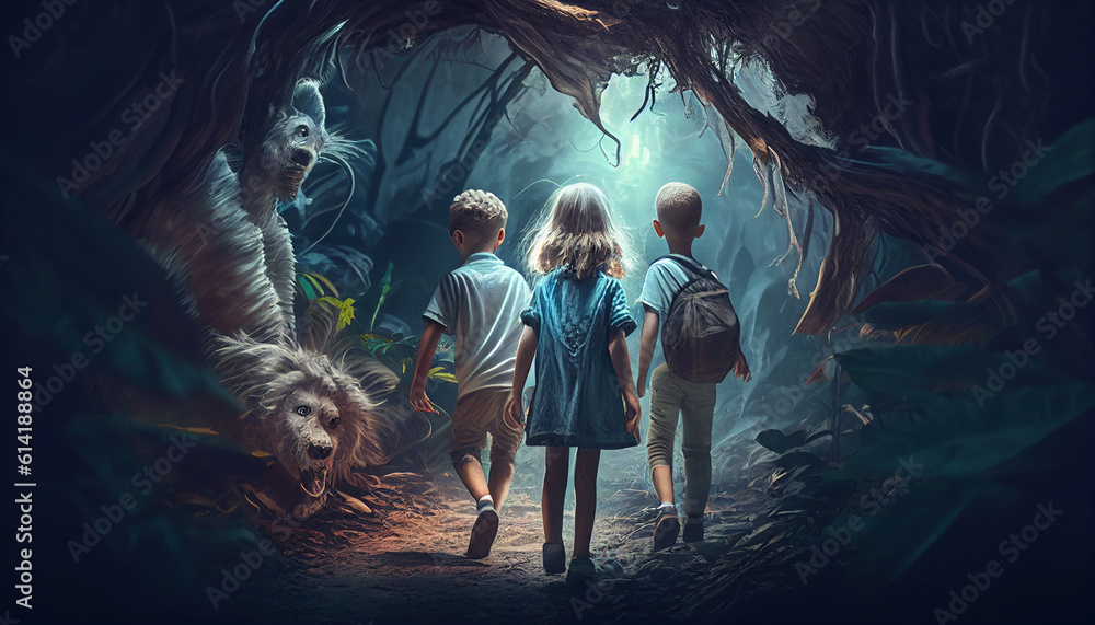 Illustration of children in the woods with numerous ghosts