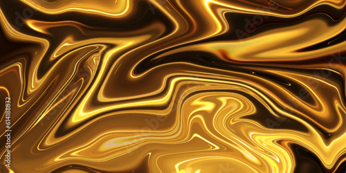Abstract golden, black hand painted oil marble trendy dynamic art with glowing effect. Abstract wavy curve fluid modern marble texture background.
