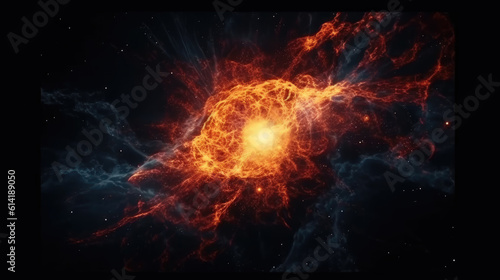 Exploding star in space. Supernova, nebula, galaxy. Astronomy, science in deep space. Glowing background. 