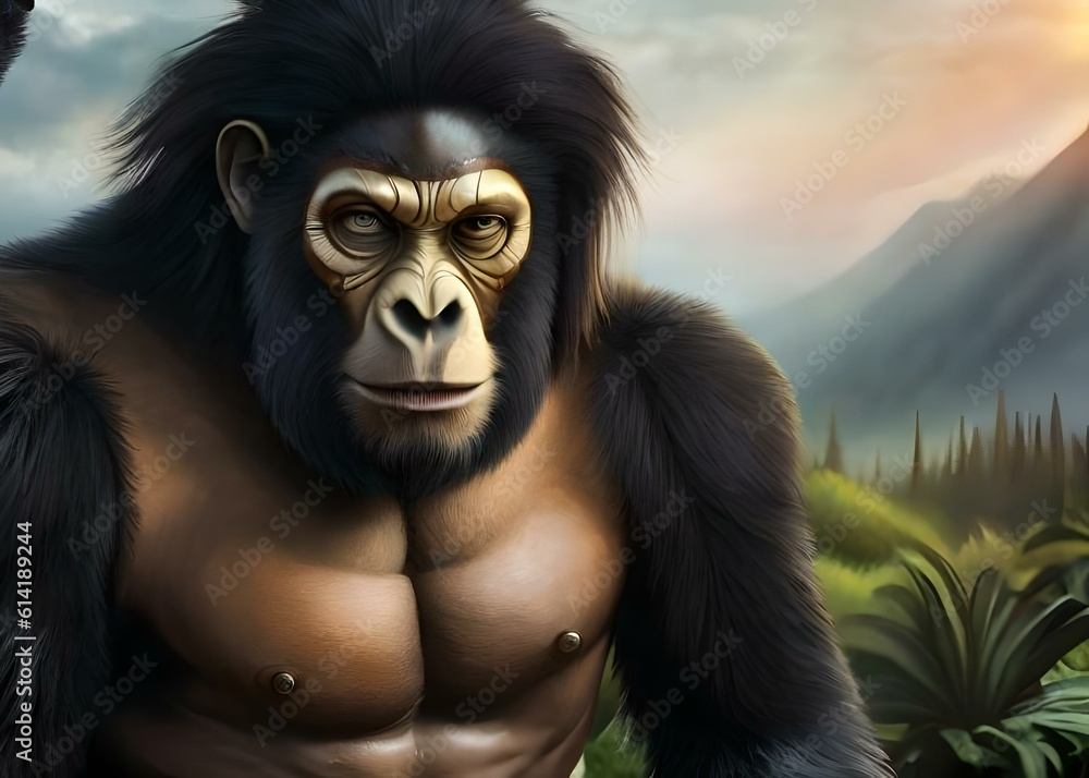 portrait of a warrior gorilla in the jungle