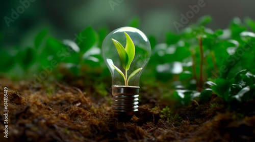 Eco friendly lightbulb from fresh leaves top vie, concept of Renewable Energy and Sustainable Living. Generative AI