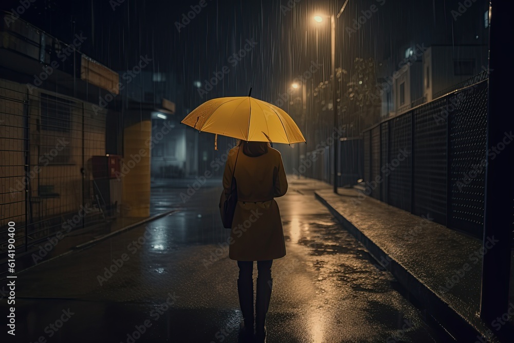 Woman in raincoat holding yellow umbrella walking trough rain alone on the street at night. Generative AI.