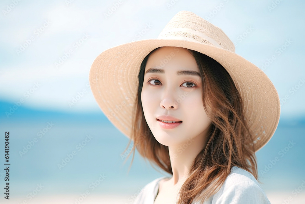 麦わら帽子をかぶった20代女性のポートレート　海背景　AI生成画像　ジェネレーティブAI