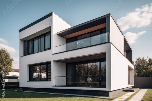 modern villa with lawn stock photo, generative AI