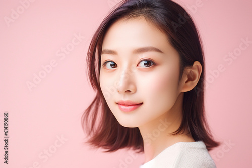 笑顔の女性のポートレート　ピンク背景　AI生成画像　ジェネレーティブ　AI