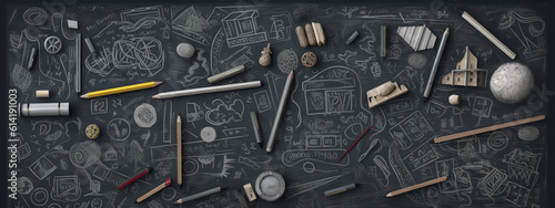 Education concept. a chalkboard with drawing school supplies. generative ai.