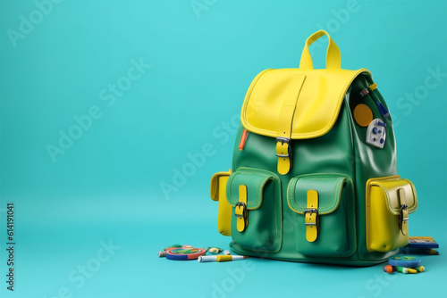 Backpack with different colorful stationery againts blue background. back to school. copy space. generative ai.