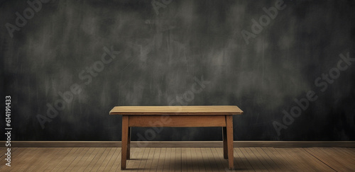 a wooden table with chalkboard background. copy space. back to school. generative ai. © Strabiliante