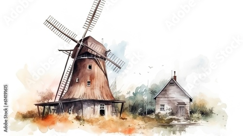 a beautiful painting of a windmill painted in watercolor