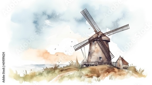 a beautiful painting of a windmill painted in watercolor