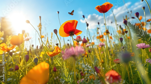 Nature's Tapestry: A Symphony of Poppies, Butterfly, and Blue Skies. Generative AI