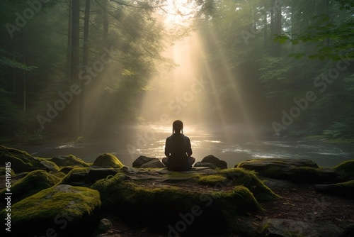 Fotomurale A person meditating in a tranquil forest, embodying psychological safety through inner peace and connection with nature