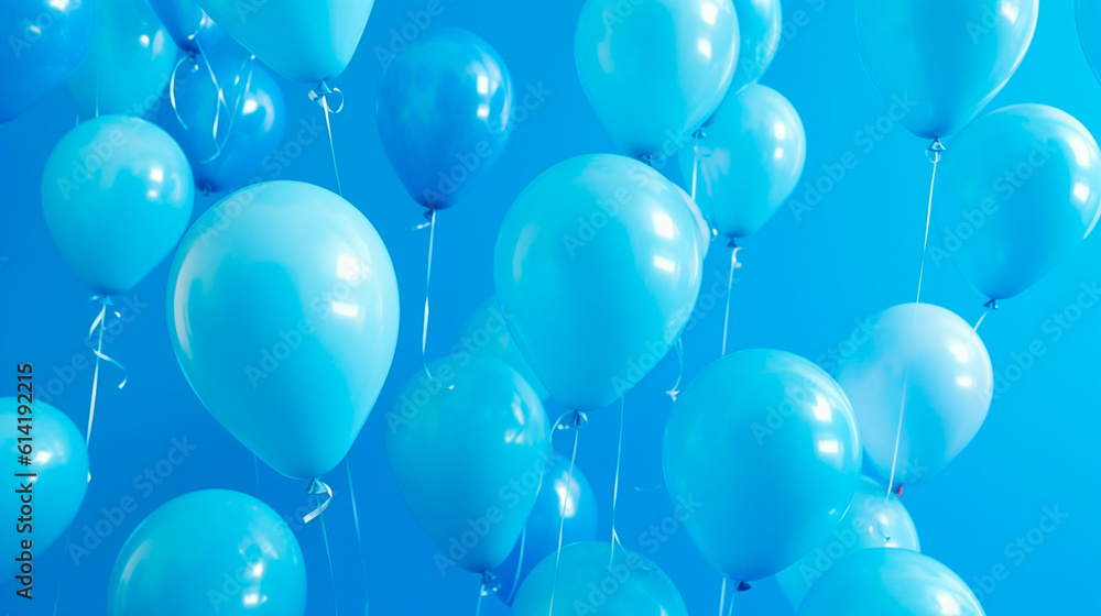 Helium party balloons floating on a blue background. Generative AI Helium party balloons floating on a blue background. Generative AI