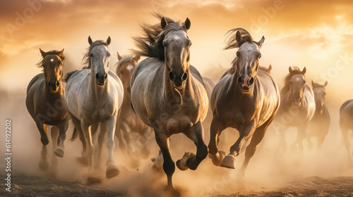 Grace in Motion: Majestic Horses Galloping Through an Expansive Landscape. Generative AI