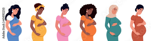 Set of different pregnant women. African American, Muslim, Indian, African, Chinese, Asian. Young beautiful multiethnic pregnant women of different nationalities. Diversity, multi-ethnic society.