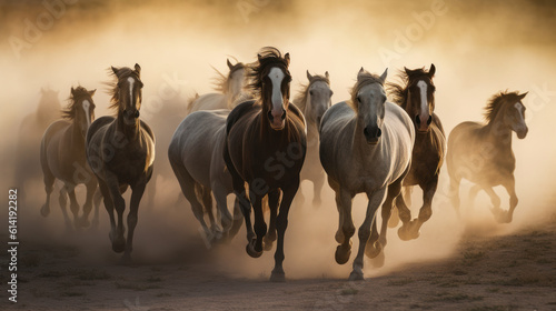 In the Dusty Wake  Majestic Horses Galloping Through an Expansive Landscape. Generative AI