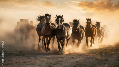 Thundering Hooves: Majestic Horses Galloping Amidst a Dusty Landscape. Generative AI
