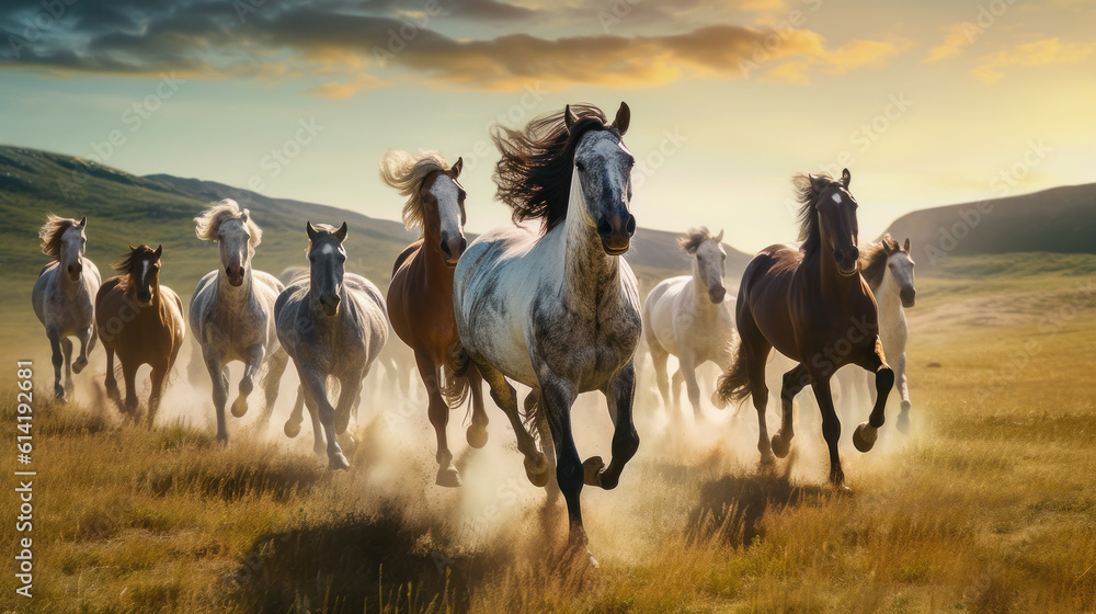 Obraz premium Galloping Symphony: Majestic Horses in Harmonious Motion. Generative AI