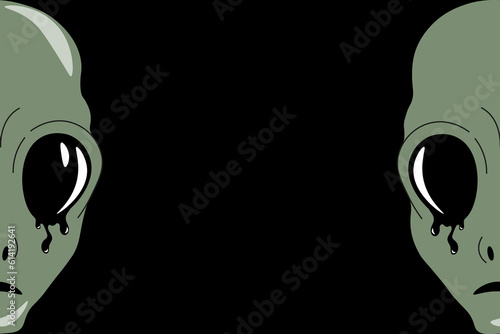 Big horizontal banner with Alien and space for text. Head of sad Alien on black background. Retro Vibes 70s. Psychedelic Vector Art. 