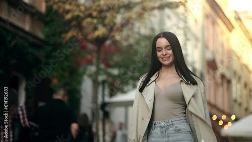 Wallpaper Mural Beautiful Woman Wearing Fashionable Beige Trench Coat Outdoors. Female Stylish Model Walking City Street Torontodigital.ca