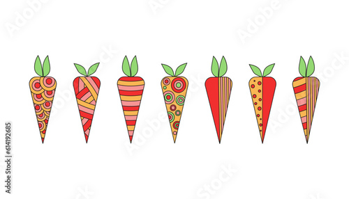 Carrot abstract, pattern, ornament. Bright vegetables. Drawings, doodle.  Vegetarian food. Vector illustration on white isolated background. 