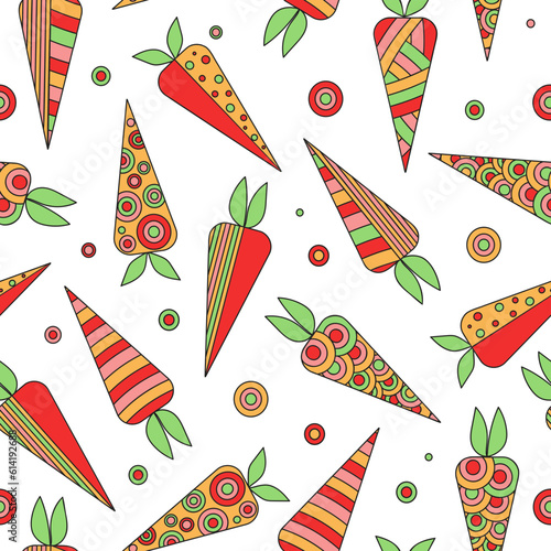 Carrot abstract, ornament. The pattern  seamless. Bright vegetables. Drawings, doodle.  Vegetarian food. Vector illustration on white isolated background. 