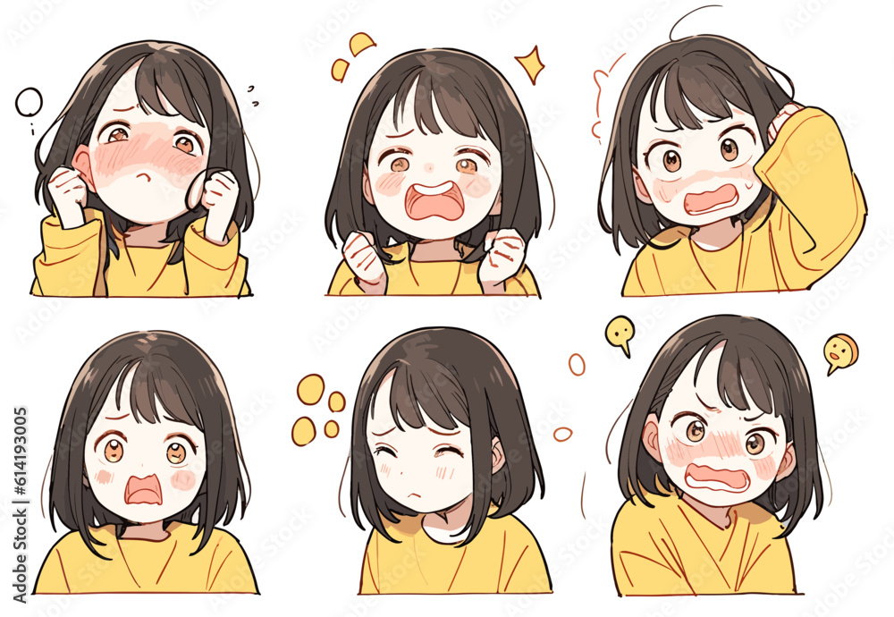 Petite fille manga différentes émotions Stock Vector | Adobe Stock