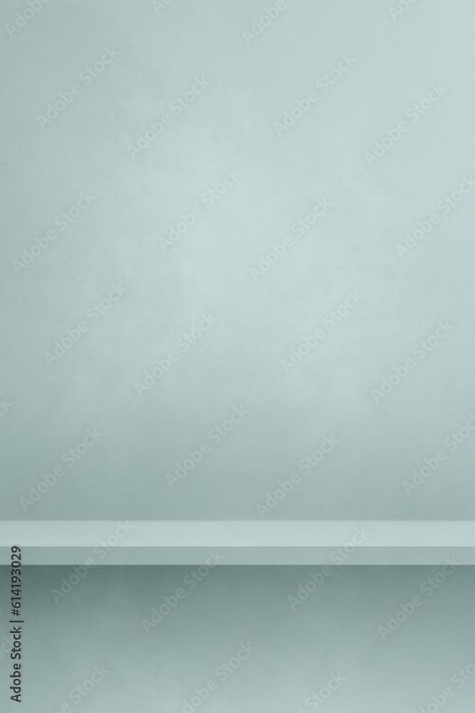 Empty shelf on a light blue concrete wall. Background template. Vertical mockup Empty shelf on a light blue concrete wall. Background template. Vertical mockup