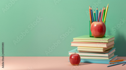 back to school concept with books, pencil and apple. generative ai.