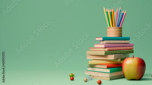 Ready for school concept background with books, apple and accessory. copy space. generative ai