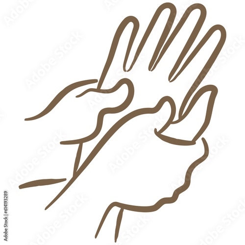 Minimal outline vector icon of the palm massage. A simple brown sketch of a body massage therapy procedure, hand-drawn with a brush, isolated on a transparent background