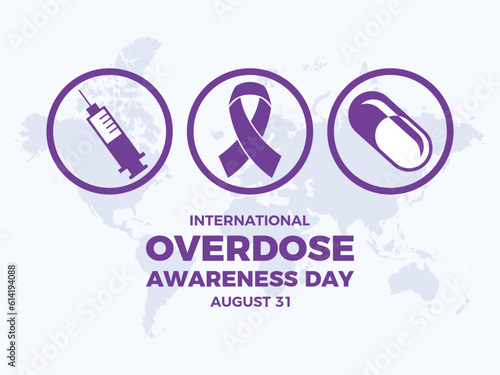 International Overdose Awareness Day vector illustration. Purple awareness ribbon, syringe, drugs round icon set vector. August 31 each year. Important day