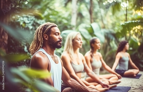 Group of mix race people practicing yoga in the botanical garden, close up