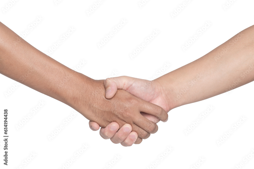 Two men shaking hands isolated on white background with clipping path.