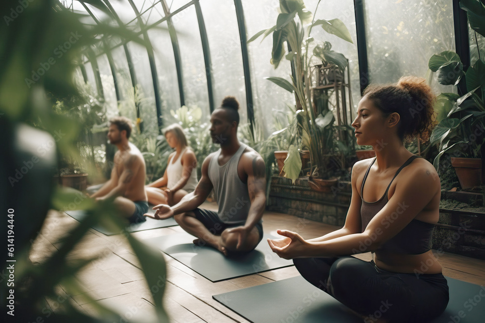 Group of mix race people practicing yoga in the green house Group of mix race people practicing yoga in the green house