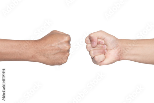 2 fists bumping each other isolated on white background with clipping path. Fight concept.